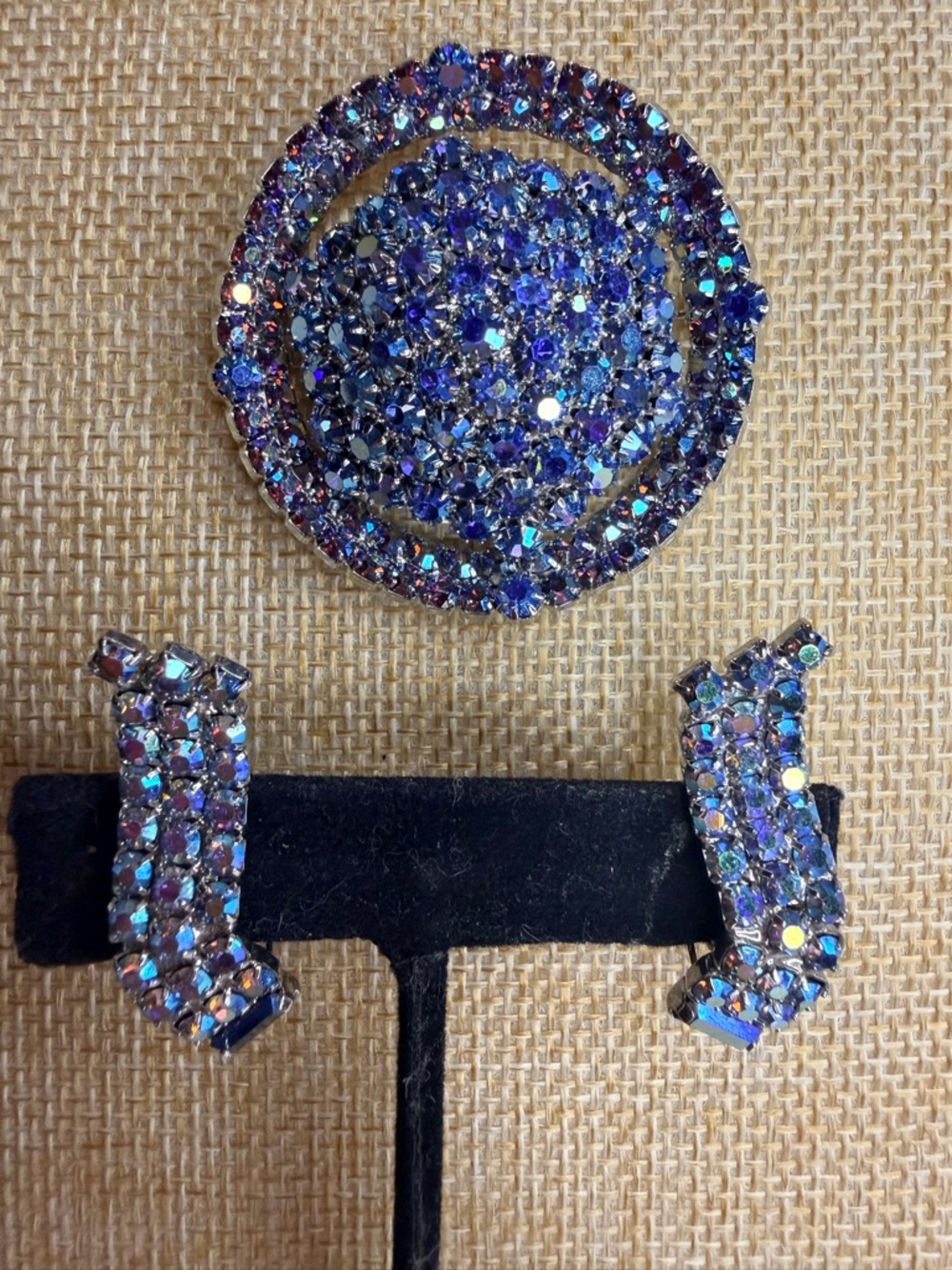 Vintage Blue Crystal Circle Brooch and Clip-On Earrings Set